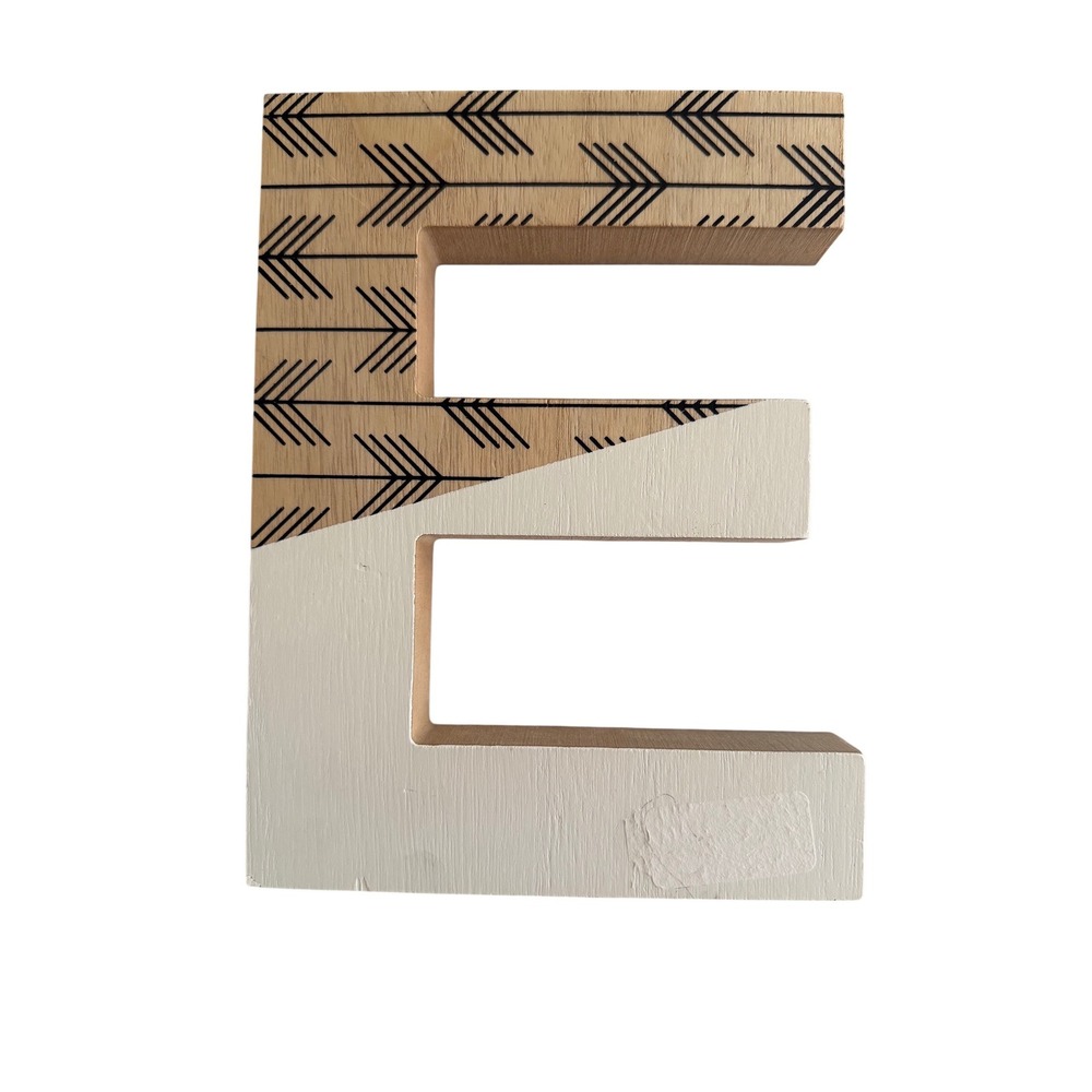 Wooden‎ Letter E Block Wall Decor White Natural Wood Arrow Pattern Boho Accent